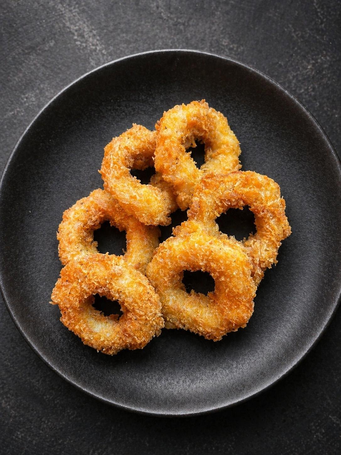 Crispy shrimp rings on a black plate