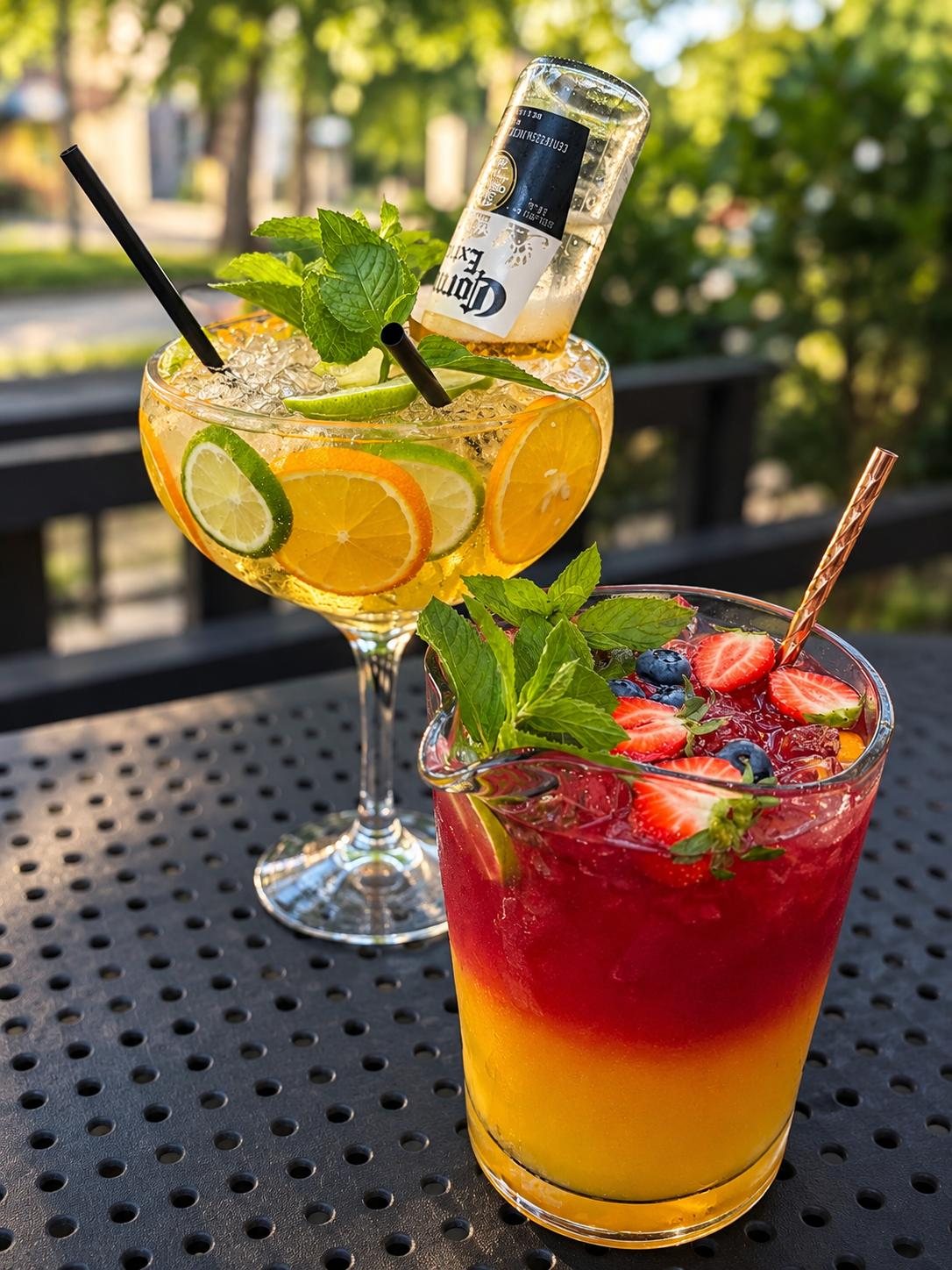 Two OSTREET cocktails with citrus, berries and mint on a terrace table