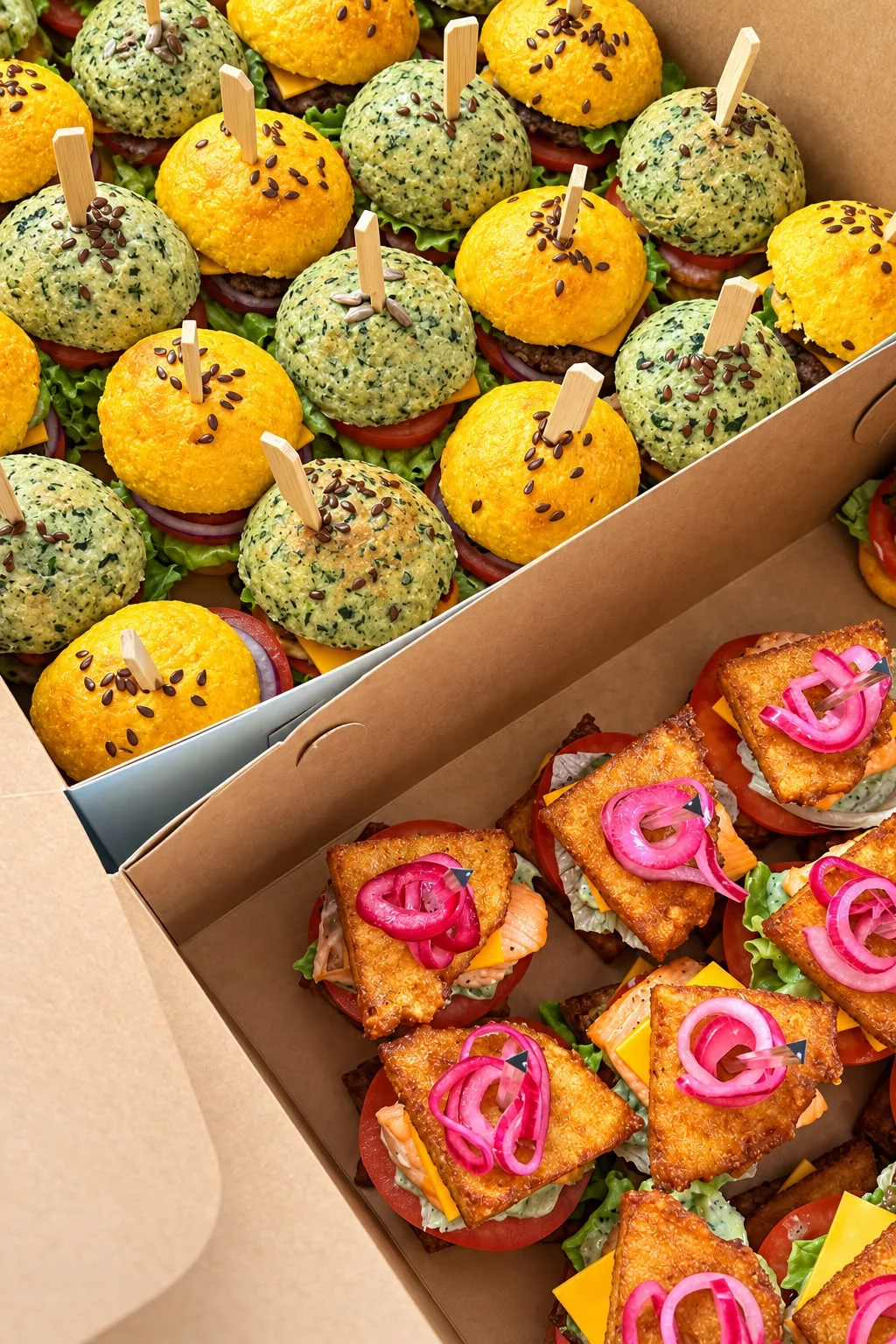 Krāsainu OSTREET mini burgeru pasūtījums kastēs svētku galdam