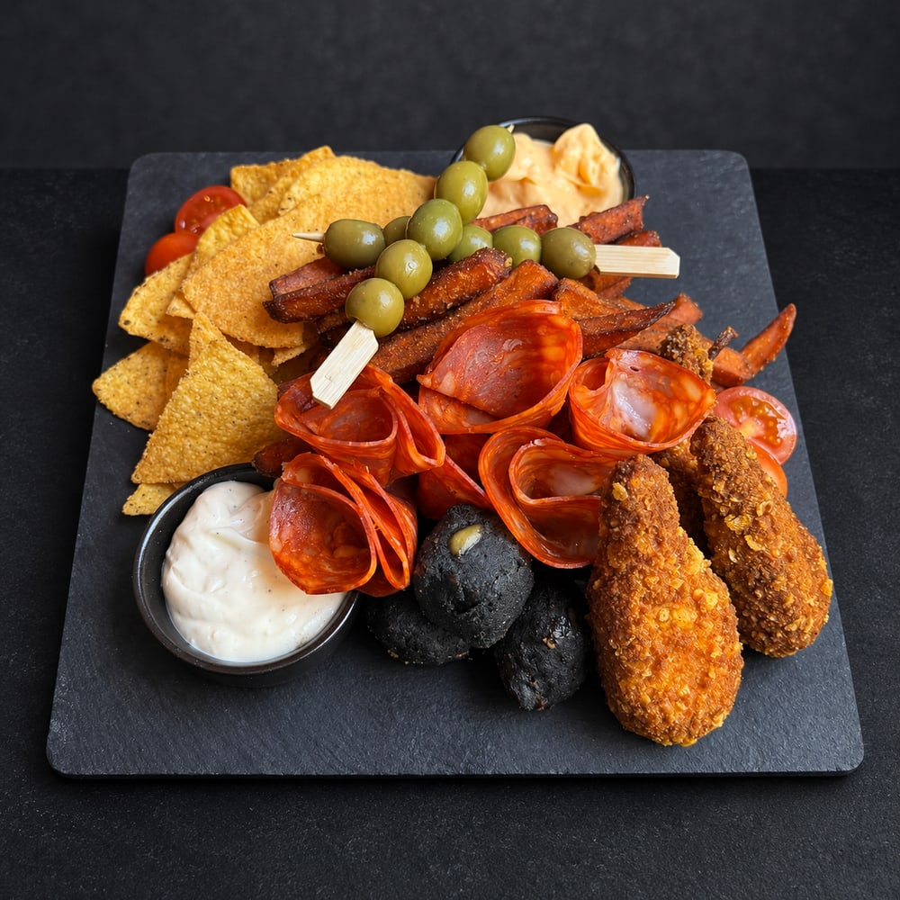OSTREET uzkodu plate ar chorizo, olīvēm, načos, batātes frī un mērcēm